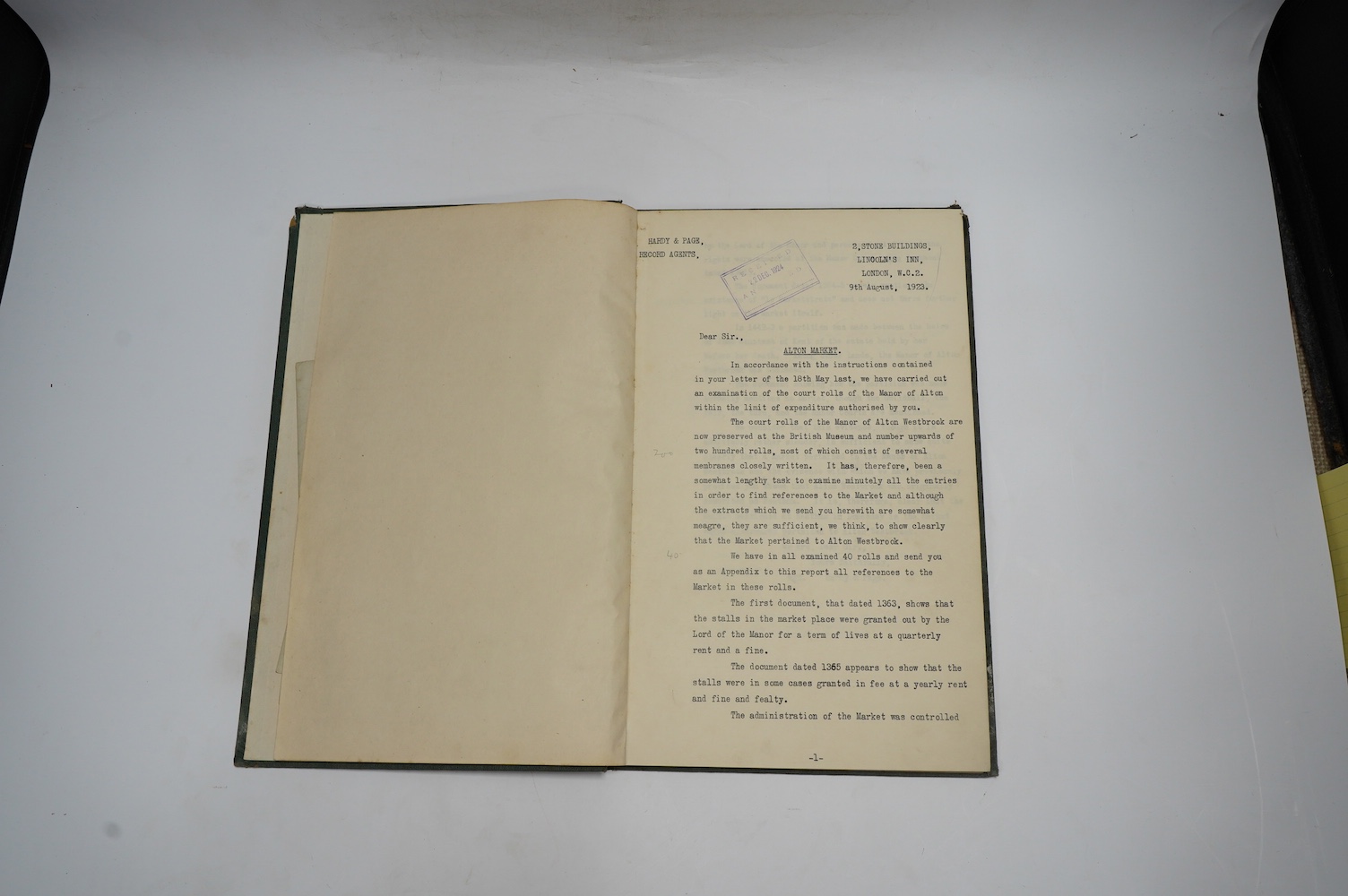 [Alton Market] - Hardy & Page (Record Agents) A Report on Court Rolls and Other Documents relating to the Market. 66 typescript folios (rectos only), some pencilled amendments, 3 photos. (possibly contemp.) and a relevan